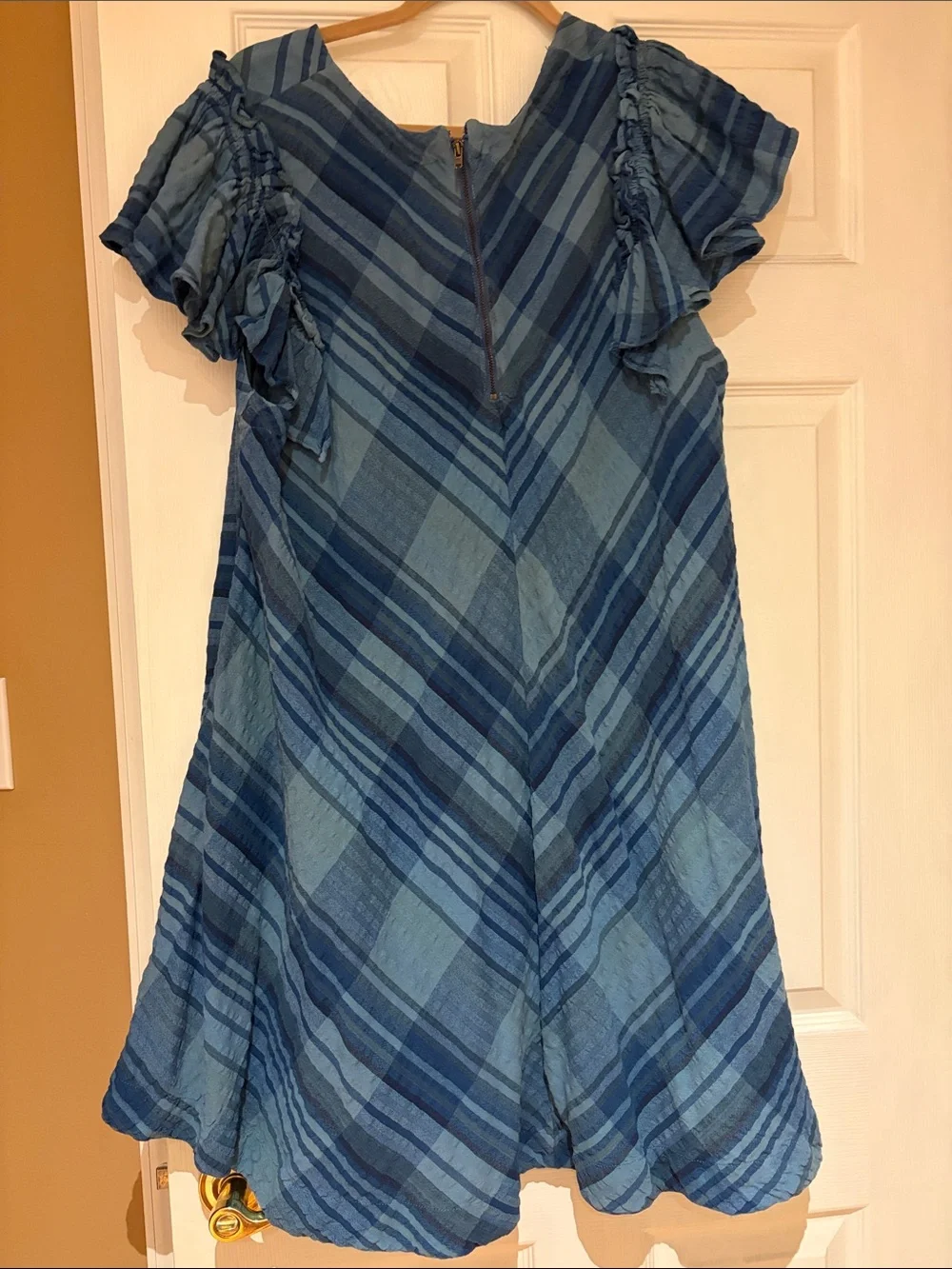 Free People Blue Plaid Ruffle Sleeve Dress